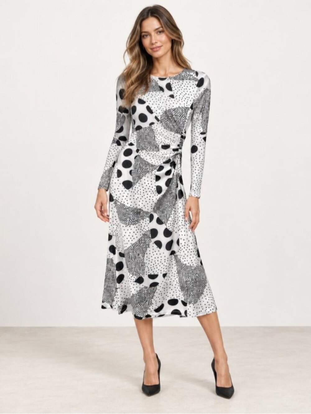 Anthropologie Black & White Abstract Print Ruched Midi Dress XS 0862
